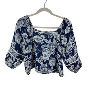 C&C California 100% Linen Floral Blouse‎ XL Square Neck Tropical Resort Peasant